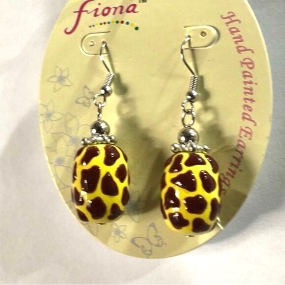 Hand Painted Beaded Yellow & Brown Animal Print Earrings (A)29 - Picture 1 of 7